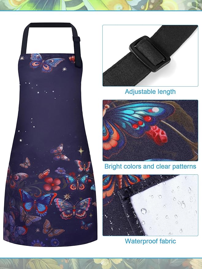 Bencailor 6 Pcs Spring Kitchen Aprons with Pockets Flower Rooster Bee Butterfly Sunflower Summer Aprons Bulk for Women(Dark Color,Butterfly) - Image 5