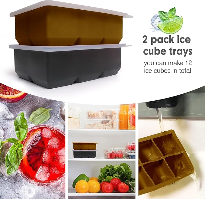 Silicone Ice Cube Trays with Lids,Large Square Ice Cube Molds for Freezer, Whiskey, Cocktail, Stackable Flexible and Reusable & Easy Release BPA Free (2 Pack&Dark Gray and Golden) - Image 3
