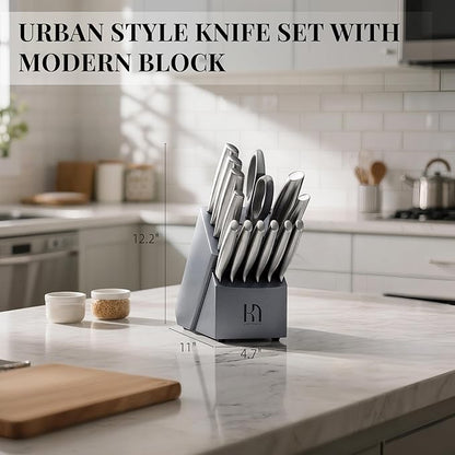 KnifeSaga Knife Set, 14 Pcs Premium Japanese High Carbon Stainless Steel Kitchen Knife Set, Razor Sharp Knife Block Set with Built-in Sharpener, Quality Acacia Wood Block Knife Sets Ergonomic Handle - Image 6