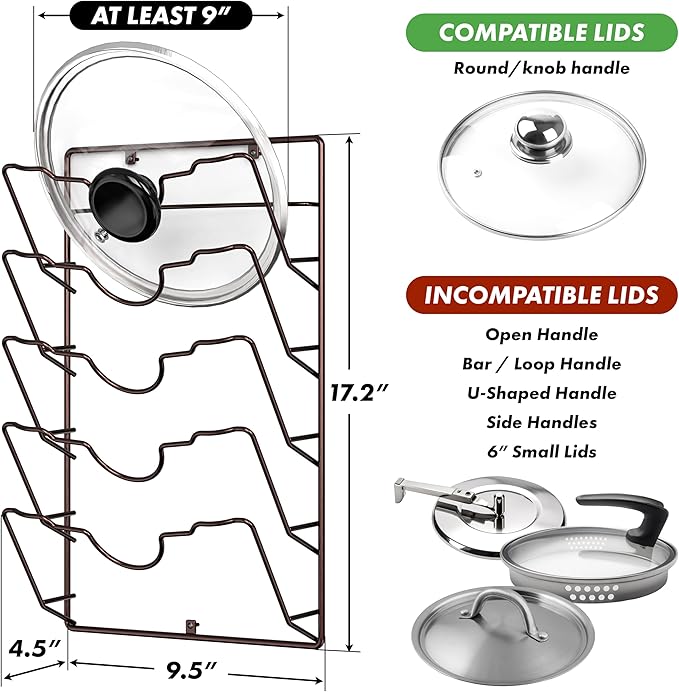 Simple Houseware Wall Door Mounted Pot Lid Rack, 9.5" Wx4.5 Dx17.2 H, Bronze Finish - Image 2