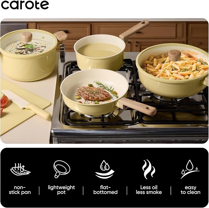 CAROTE 24pcs Ceramic Cookware Set, Pots and Pans Non Stick Kitchen Cookware Sets, Pots and Pans Set Cooking Set with Knife Set - Image 5