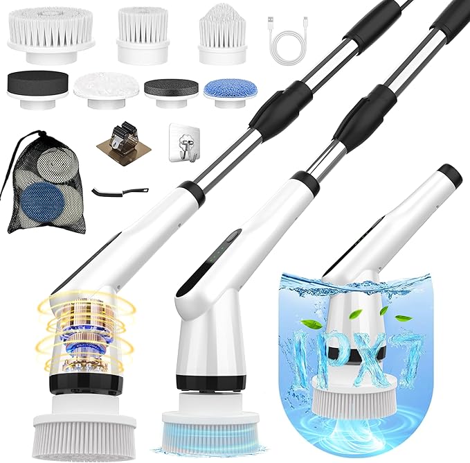 Dreazu Electric Spin Scrubber, 12-in-1 Shower Scrubber & Retractable Long Handle, 44 lbs High-Torque & Variable Speed Shower Cleaning Brush for Bathroom,Toilet, Bathtub, Kitchen, Tile Floors, Car