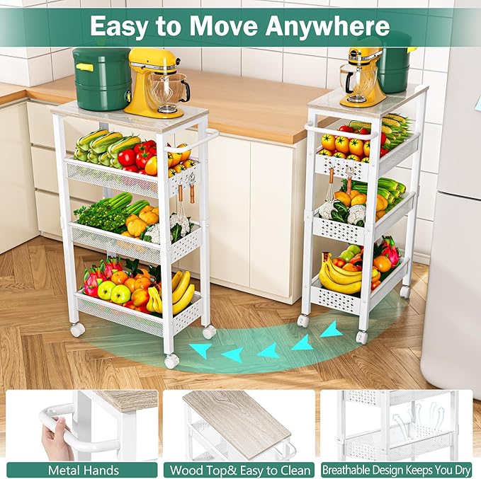 Vivihomety Utility Slim Storage Cart with Wheels, 4 Tier Small Rolling Cart with Wood Top, Metal Kitchen Bathroom Laundry Room Organization Trolley with Handle for Narrow Space - White - Image 7