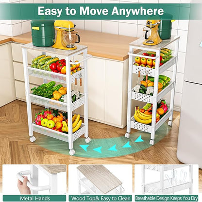 Vivihomety Utility Slim Storage Cart with Wheels, 4 Tier Small Rolling Cart with Wood Top, Metal Kitchen Bathroom Laundry Room Organization Trolley with Handle for Narrow Space - White - Image 7