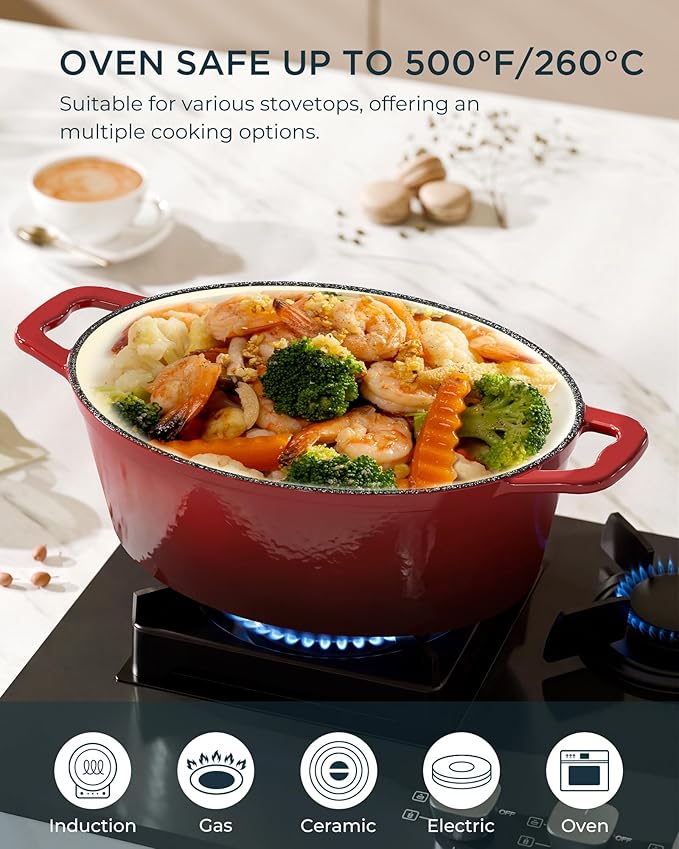 Enameled Cast Iron Dutch Oven - 9.3QT Dutch Oven Pot with Lid & Cotton Potholders - Heavy-Duty Non Stick Casserole Pot for Braising, Stews, Roasting, Baking, Suitable for All Stovetops, Cherry Red - Image 6