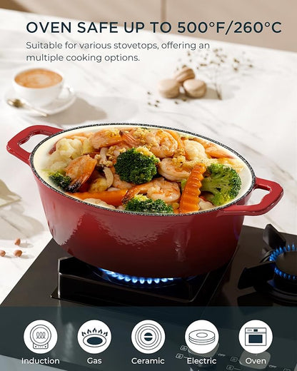 Enameled Cast Iron Dutch Oven - 9.3QT Dutch Oven Pot with Lid & Cotton Potholders - Heavy-Duty Non Stick Casserole Pot for Braising, Stews, Roasting, Baking, Suitable for All Stovetops, Cherry Red - Image 6