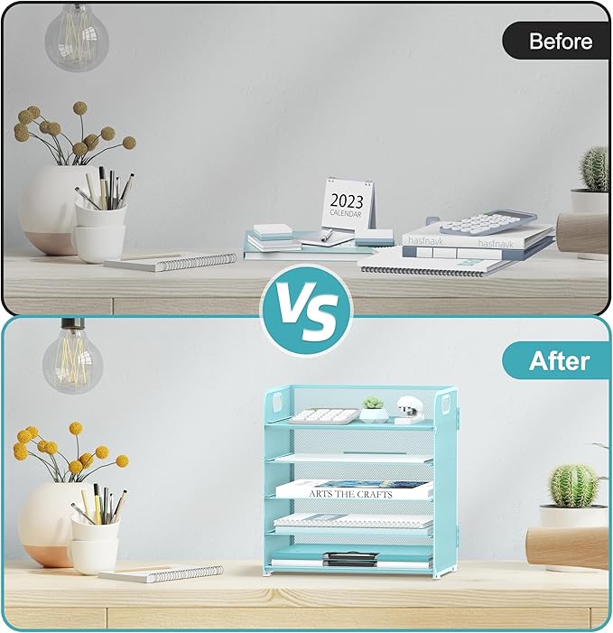 2 Pack 5-Tier Blue Desk Organizer with Handle Mesh Desk File/Paper Organizer Letter Tray for Office, School and Home Easy Installation - Image 6