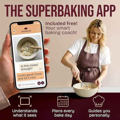 Superbaking Danish Dough Whisk - 12" Bread Whisk for Dough Mixing - Single Eye Design Sourdough Whisk - Sourdough Bread Baking Supplies - Bread Making Tools and Accessories - Ergonomic Wooden Handle