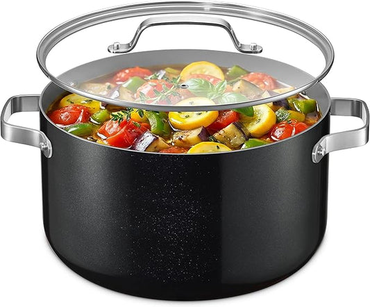 Bakken 12.5 Quart Ceramic Coated Stock Pot with Lid, Easy Clean Nonstick Pot, Tempered Glass Lid, Riveted Stainless Steel Handles, Oven Safe Up To 500°F, PTFE & PFAS Free, All Stove Compatible, Black by BAKK%C3%8BNMASTER