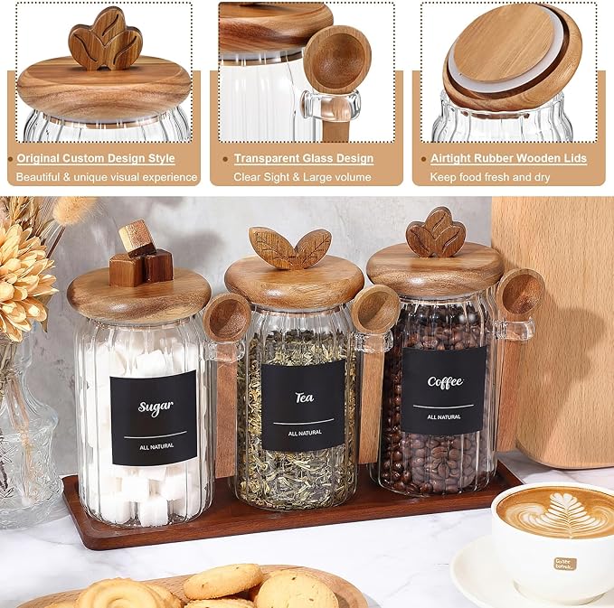 Suclain 3 Pcs Glass Coffee Container with Acacia Wood Lid & Spoon, 25 oz Airtight Glass Jar with Wooden Shelf, Food Storage Containers Coffee Jar Tea Container(Acacia Color) - Image 3
