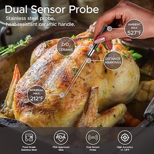 750ft Wireless Meat Thermometer Long Range for Smoker, BBQ & Rotisserie, Smart Bluetooth Thermometer Dual Sensor Waterproof Probe with LCD Base Station Display & App Control - Image 4