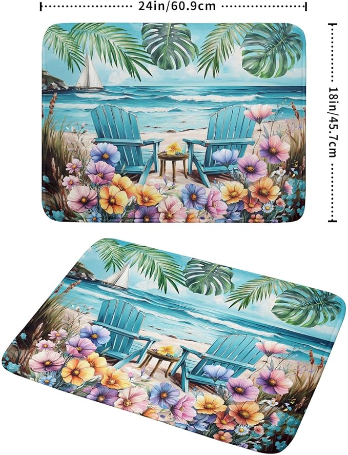 Spring Summer Sea Chair Dish Drying Mat for Kitchen Counter,Coastal Beach Palm Leaf Flowers Drying Mat 18 x 24 Inch with Absorbent Reversible Microfiber Drying Pad for Coffee Bar - Image 2