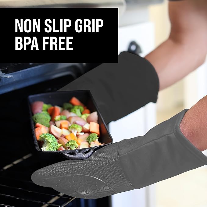BPA-Free Soft Silicone Oven Mitts - Ultra Heat Resistant Oven Mitts with Thick Cotton Liner - Long Slip Resistant Pot Holders, Flexible Oven Gloves - Gray 13.7" - Image 5