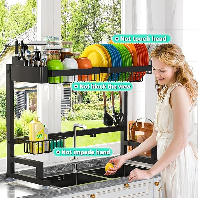 ADBIU 【Fit Sink 24.5"- 32" L 2023 Version Over Sink Dish Drying Rack (Expandable Dimension) Snap-On Design 2 Tier Large Kitchen Dish Rack Stainless Steel Counter Organization and Storage - Image 6