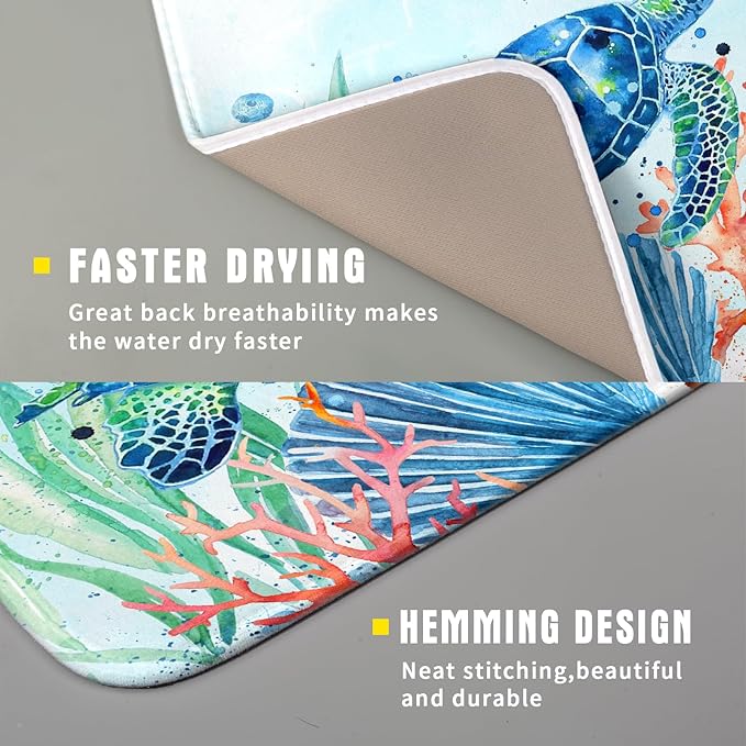Giwawa Sea Turtle Dish Drying Mat 16x18in Watercolor Blue Tortoise Dish Drainer Mats Nautical Ocean Coral Seashell Seaweed Microfiber Dish Drying Pad for Kitchen Countertop Small Decor