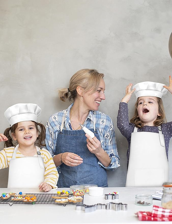 Kids Apron and Chef Hat Set, 24 Pieces Boys Girls Kids Apron with 2 Pockets Adjustable for Cooking Classroom Baking Painting, 6-13 Years, White