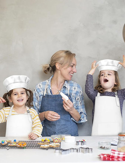 Kids Apron and Chef Hat Set, 16 Pieces Boys Girls Kids Apron with 2 Pockets Adjustable for Cooking Classroom Baking Painting, 6-13 Years, White