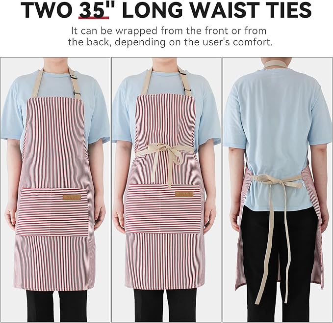 NLUS 2 Pack Cooking Aprons for Women with Pockets, Adjustable Kitchen Bib Aprons Chef Aprons for Women Men(Red Pinstripes) - Image 5