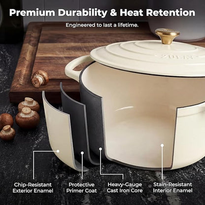 Zulay Kitchen 7.7 Quart Enameled Cast Iron Dutch Oven Pot with Lid – Premium Durability & Oven Safe up to 500°F – Heavy Duty Cookware Perfect for Bread Baking, Stews, Braising & Roasting – Ivory - Image 5