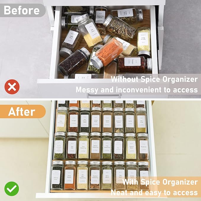 Spice Drawer Organizer with 24 Spice Jars,216 Labels,25 Non-slip Rubber, Bamboo 4 Tier Seasoning Rack Tray Insert for Kitchen Drawers,Cabinets,Countertop,11" Wide x 15.8" Deep