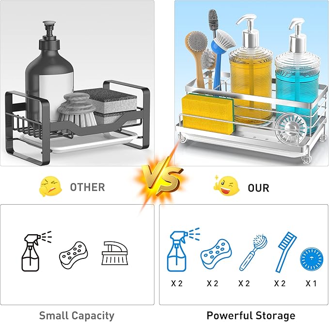 Cisily Stainless Steel Sponge Holder for Kitchen, Sink Caddy Sink Organizer Rack for Kitchen Accessories with Drip Tray, Rustproof and Non-slip, Dish Soap Dispenser Countertop Organizer - Image 2