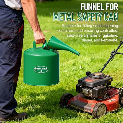 Plastic Funnel for Type I Metal Safety Cans, Compatible with Eagle F15FUN, Fits 1/2/5 Gallon Cans, 10" HDPE Funnel, Includes Diesel Only, Gasoline Only, Mixed Fuel Stickers(1 Pack,Green)
