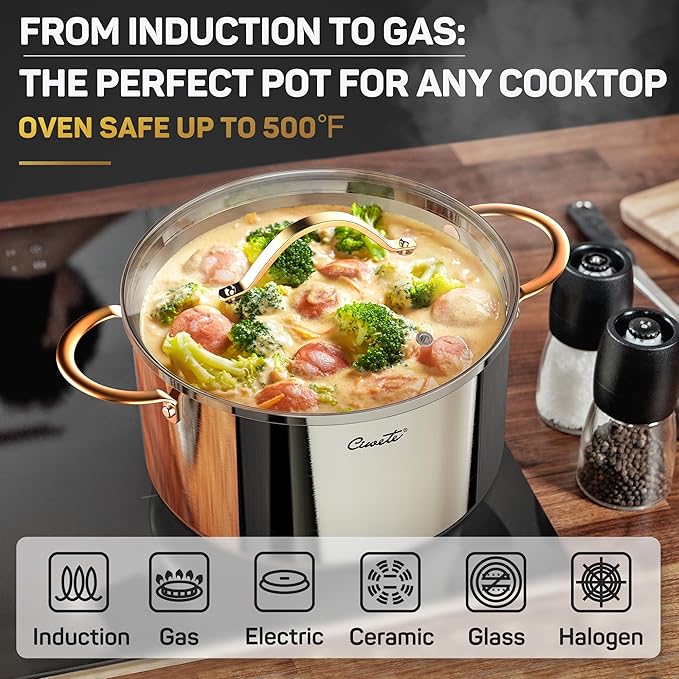 Ciwete Stock Pot 12 Quart, 18/10 Tri-Ply Stainless Steel Whole Clad Stock Pot with Lid, Seamless 12 QT Cooking Pot with Copper Handle, Healthy Stockpots, Induction, Gas, Oven and Dishwasher Safe - Image 5