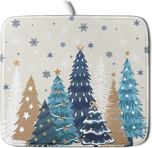 Christmas Tree Dish Drying Mat for Kitchen Counter 18x16 Inch Xmas Snowflake Drying Mat with Absorbent Reversible Microfiber House Blue Trees Dish Drainer Mats Rack Pad for Coffee Countertop Protector