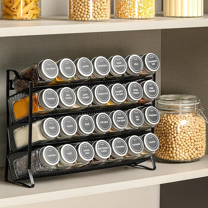 AOZITA Spice Rack Organizer with 28 Empty Spice Jars with Silver Lids, Funnel, Labels - Seasoning Organizer for Countertop, Cabinet, Kitchen, Pantry - Image 6