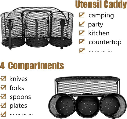 DysanVica Utensil Caddy Silverware Holder - 4 Compartment Metal Mesh Cutlery Fork Spoon Napkin Plate Organizer Flatware Storage Basket Party Kitchen Countertop Buffet Picnic Camping Outdoor BBQ Black - Image 2