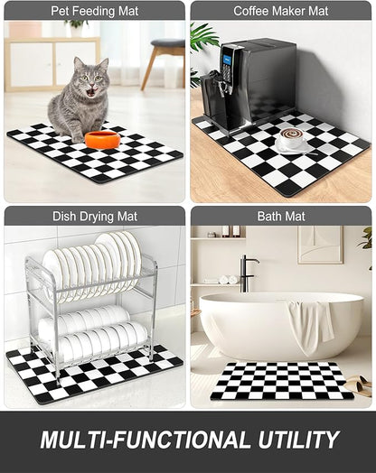 Rnivvi Dish Drying Mat for Kitchen Counter, 12 x 19" Cute Checkered Absorbent Draining Pad, Non-Slip Heat Resistant Coffee Bar Mats for Coffee Machine Station Accessories, Black White Dish Rack Pad - Image 7