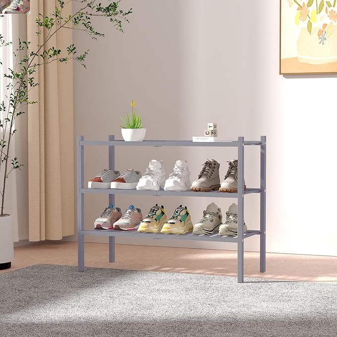 ROMGUAR CRAFT 3 Tier Bamboo Shoe Rack for Closet Free Standing Wood Shoe Shelf Storage Organizer for Entryway Small Space Stackable 27"x11"x20" (Grey) - Image 2