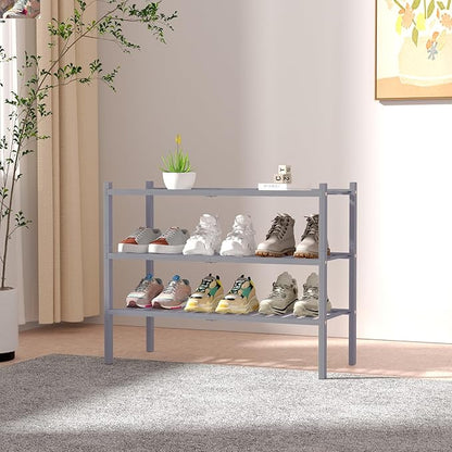 ROMGUAR CRAFT 3 Tier Bamboo Shoe Rack for Closet Free Standing Wood Shoe Shelf Storage Organizer for Entryway Small Space Stackable 27"x11"x20" (Grey) - Image 2