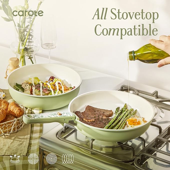 CAROTE 25-Piece Ceramic Cookware Set, Nonstick Pots and Pans Set with Detachable Handle, Non-Toxic Kitchen Cooking Set, Dishwasher & Oven Safe, Induction Compatible, PFAS Free, Green - Image 4