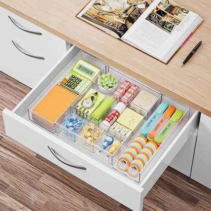 Marbrasse Expandable Desk Drawer Organizer, Clear Plastic Drawer Organizer Tray with 10 Adjustable Compartments, Desk Organizers and Accessories, 5 Drawer Dividers for Office Supplies, Makeup(Clear) - Image 8