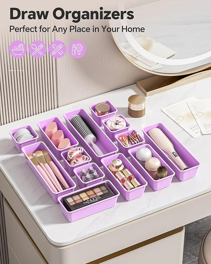 Canfanni 13 Pack Plastic Drawer Organizers Set, 3 Sizes Desk Drawer Organizer Trays for Vanity and Makeup Organizer, Organization and Storage for Makeup, Kitchen Utensils, Bathroom and Office(Purple) - Image 6