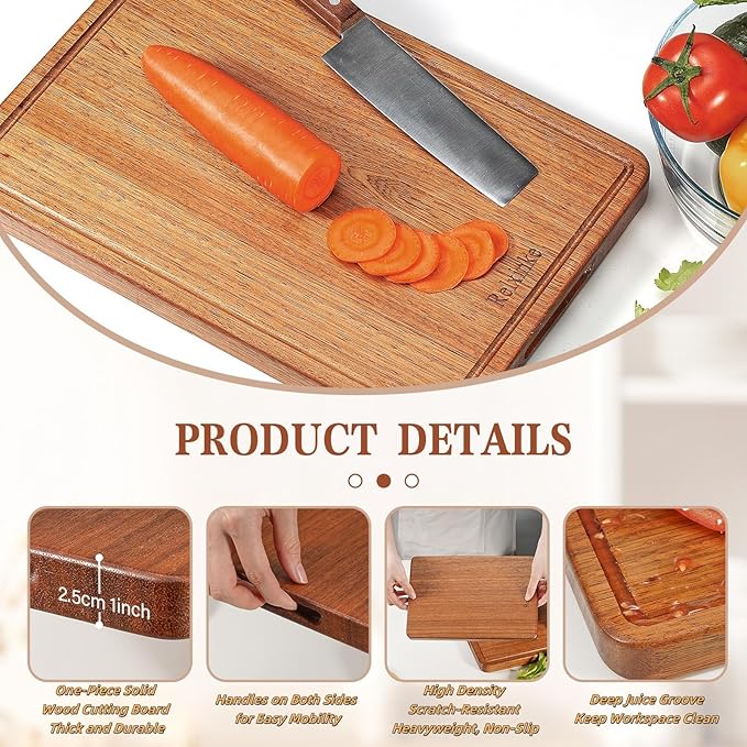Solid Teak Wood Cutting Board Set One Piece Non Glued Large Thick Crack Resistant Wooden Chopping Board with DeepJuice Grooves Built in Handles for Kitchen Meat Vegetable 18x12 IN &12X8 IN