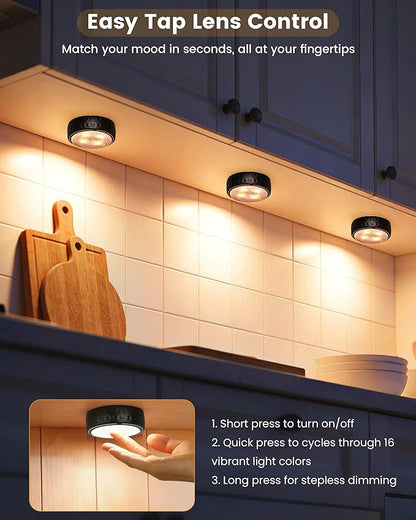 Puck Lights, Battery Operated Wireless LED Under Cabinet Lighting with Remote Control & Timer, Warm White & RGB Color Changing Stick on Tap Push Light for Kitchen Counter, Shelf, 1 Pack, Black