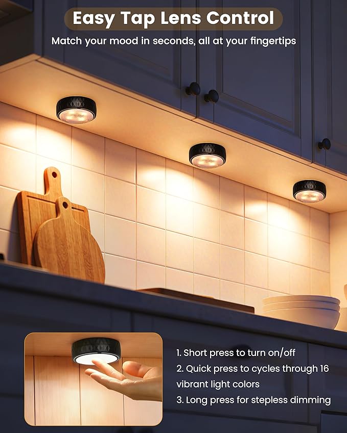 Puck Lights with Remote Control, Battery Operated Wireless LED Under Cabinet Lighting, Warm White & RGB Color Changing Stick on Tap Push Light for Kitchen Counter, Shelf, Closet, 6 Pack, Black