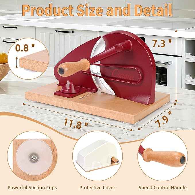 CAWIU Upgraded Manual Bread Slicer for Homemade Sourdough Bread - Adjustable Thickness Bread Cutter with Hand Crank, Suction Cups, Slicing Guide, Scale Line & Cover, for Perfect Even Slices (Red)