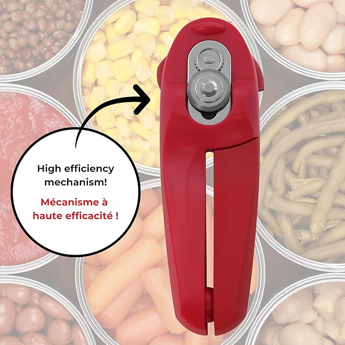 Starfrit MightiCan Can Opener - Safe - Holds Lid and Leaves No Sharp Edges on Lid - 3 Year Warranty - Comfort Grip - Heavy Duty Non-Slip Knob - Red - Image 3