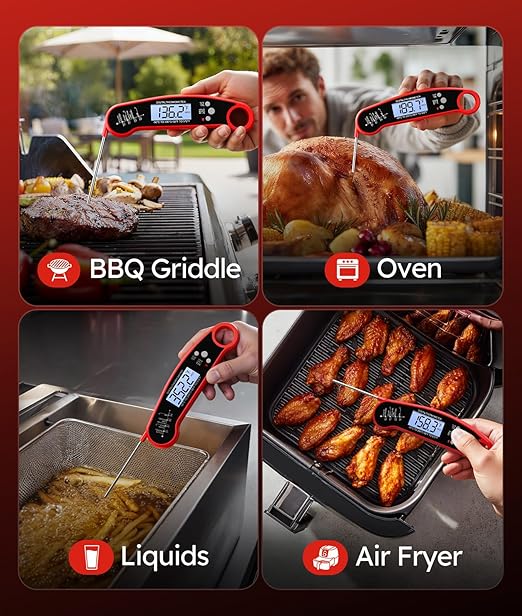 Meat Thermometer Digital – Instant Read Food Thermometer for Grilling, BBQ, Air Fryer, Smoker, Candy Making with Foldable Probe, Kitchen Gadgets, BBQ Essentials, Gift for Mom, Dad, Men, Women, Red