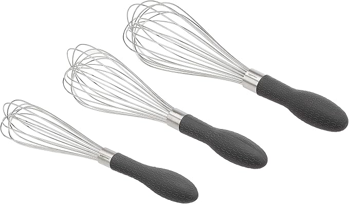 Amazon Basics Stainless Steel Wire Whisk Set for Cooking, Different Sizes, Easy to Hold Ergonomic Handle, 3 Piece, Black/Silver by AmazonBasics