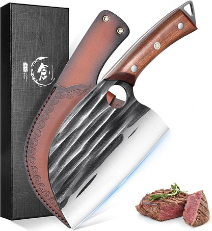 ROCOCO Japanese Serbian Chef Knife - Hand Forged Butcher Viking Cleaver Full Tang with Sheath BBQ Birthday Christmas Day Gift Men 6.2"