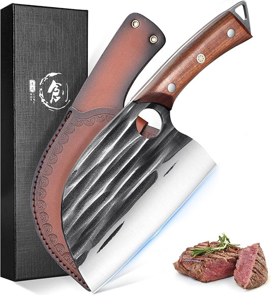 ROCOCO Japanese Serbian Chef Knife - Hand Forged Butcher Viking Cleaver Full Tang with Sheath BBQ Birthday Christmas Day Gift Men 6.2"