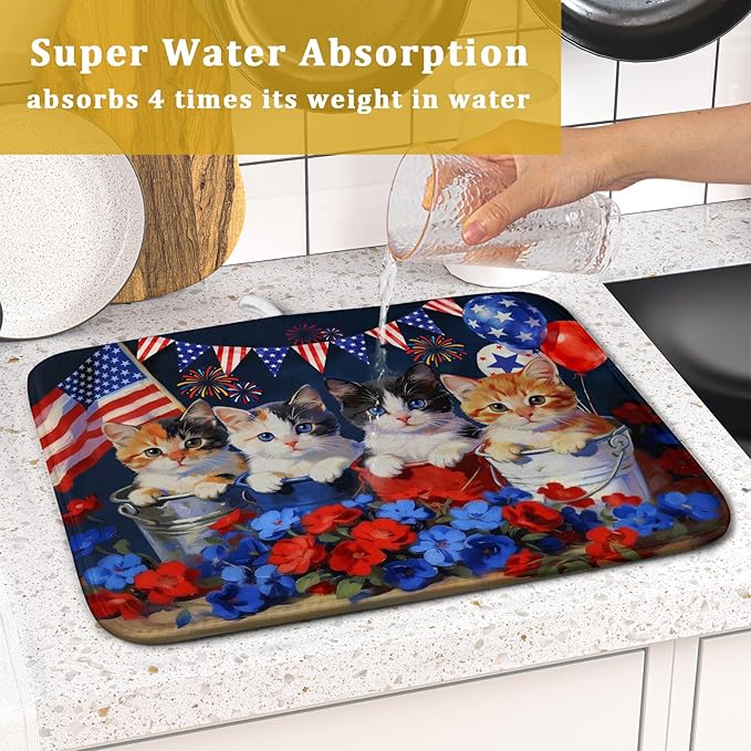 4th of July Dish Drying Mat Patriotic Cats Dish Drying Rack Mat for Kitchen Counter Small - Image 7