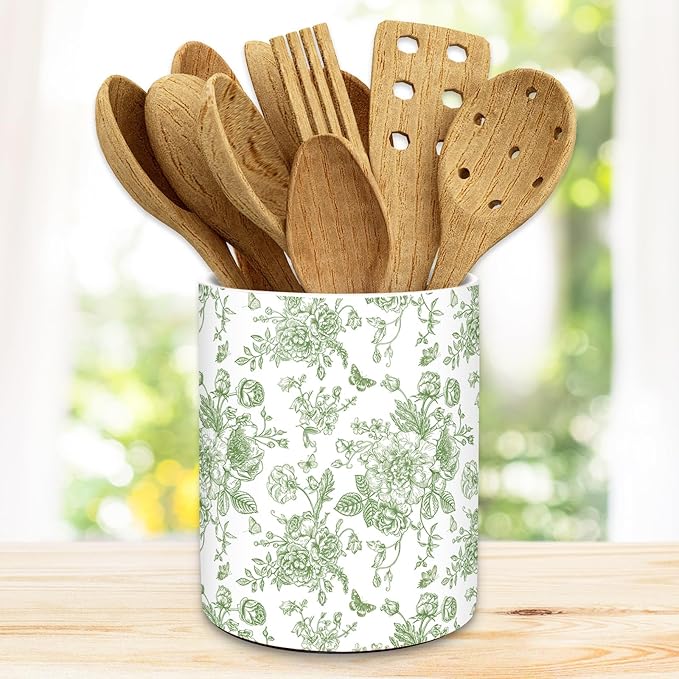 JarThenaAMCS Green Floral Ceramic Utensil Holder Vintage Flower Butterfly Utensil Crock for Home Kitchen Countertop Storage Organizer Container by JarThenaAMCS