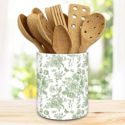 JarThenaAMCS Green Floral Ceramic Utensil Holder Vintage Flower Butterfly Utensil Crock for Home Kitchen Countertop Storage Organizer Container by JarThenaAMCS