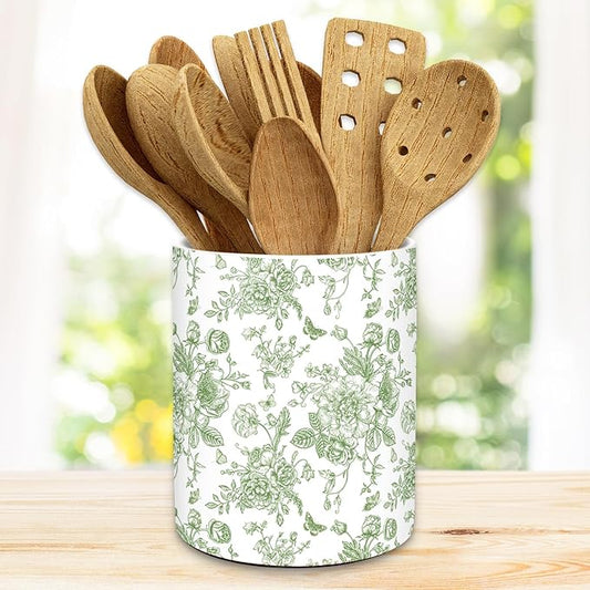 JarThenaAMCS Green Floral Ceramic Utensil Holder Vintage Flower Butterfly Utensil Crock for Home Kitchen Countertop Storage Organizer Container by JarThenaAMCS