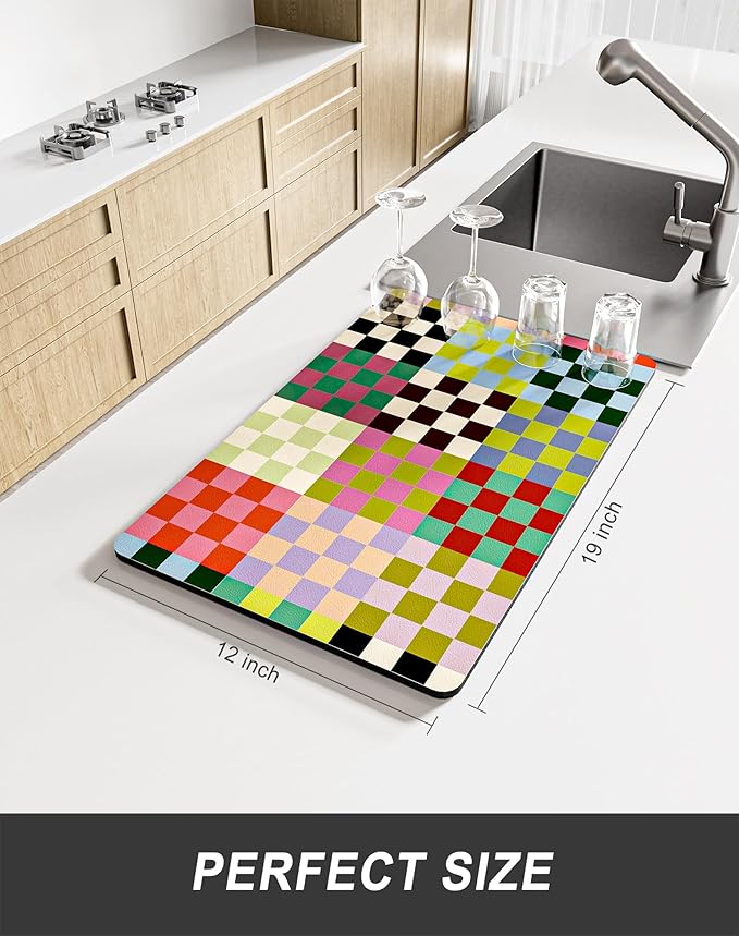 Rnivvi Dish Drying Mat for Kitchen Counter, 12 x 19" Cute Checkered Absorbent Draining Pad, Non-Slip Heat Resistant Coffee Bar Mats for Coffee Machine Station Accessories, Colorful Dish Rack Pad - Image 2